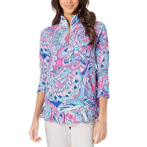 Lilly Pulitzer Killian Popover in Pink Tropics Print Ruffle Half Zip XS Pink Blu - Picture 1 of 8